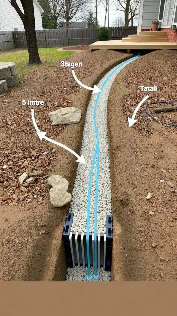 Image of a French drain showing a gravel-filled trench and water flow path.