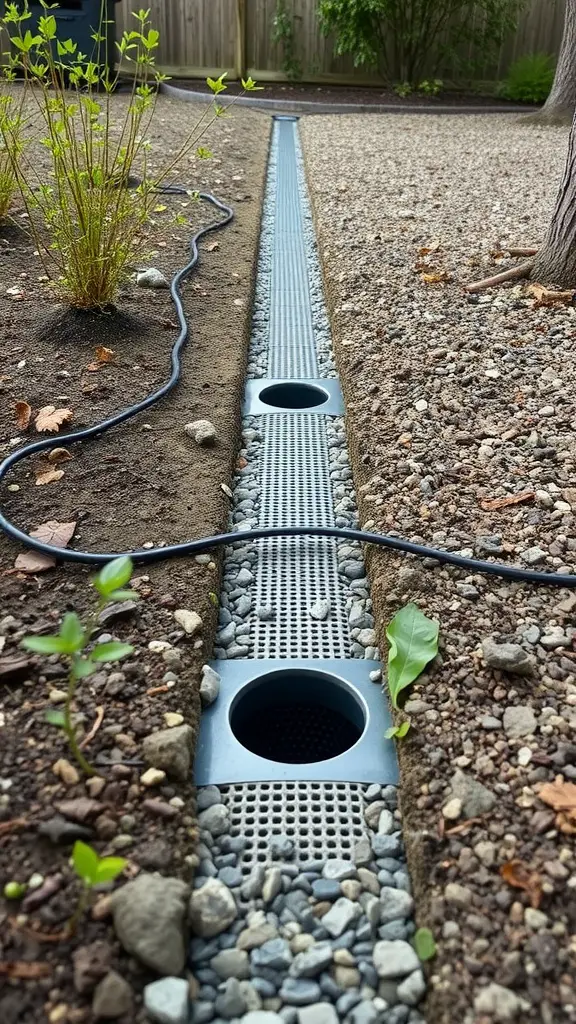 25 Creative Yard Drainage Ideas to Transform Your Outdoor Space 7 A well-installed French drain in a yard, showing gravel and drainage openings.