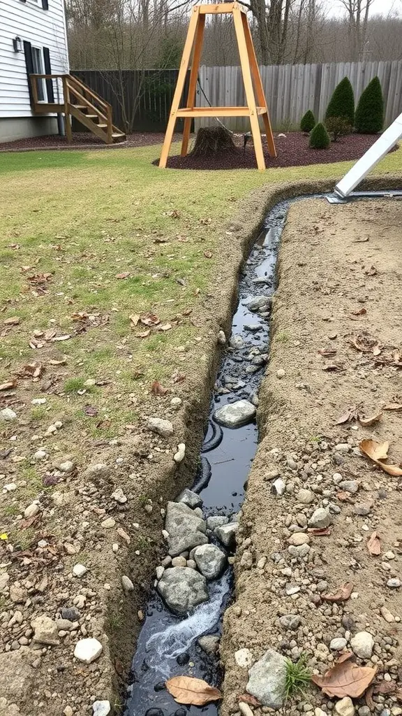 23 Creative Rain Gutter Drainage Ideas for Your Home 8 A trench filled with rocks and water flowing, showing a French drain in a residential yard.