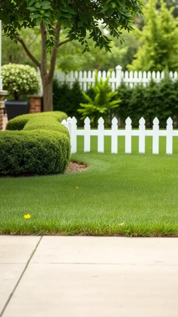 13 Simple Landscaping Ideas for Your Front Yard 4 A well-maintained front yard with a green lawn, trimmed bushes, and a white picket fence.