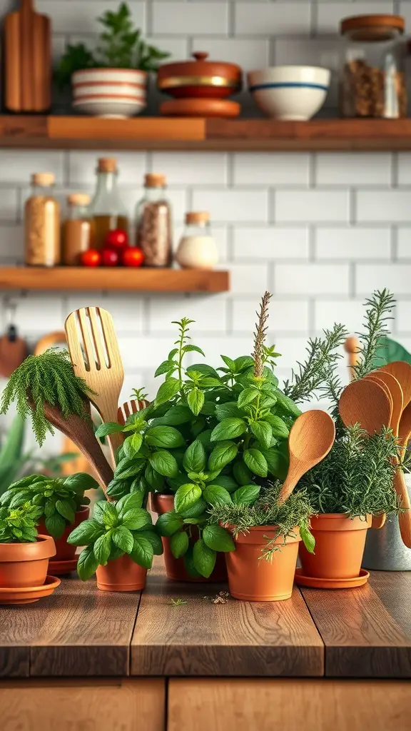 A fresh herb garden display on a kitchen island with various herbs in terracotta pots and wooden utensils.