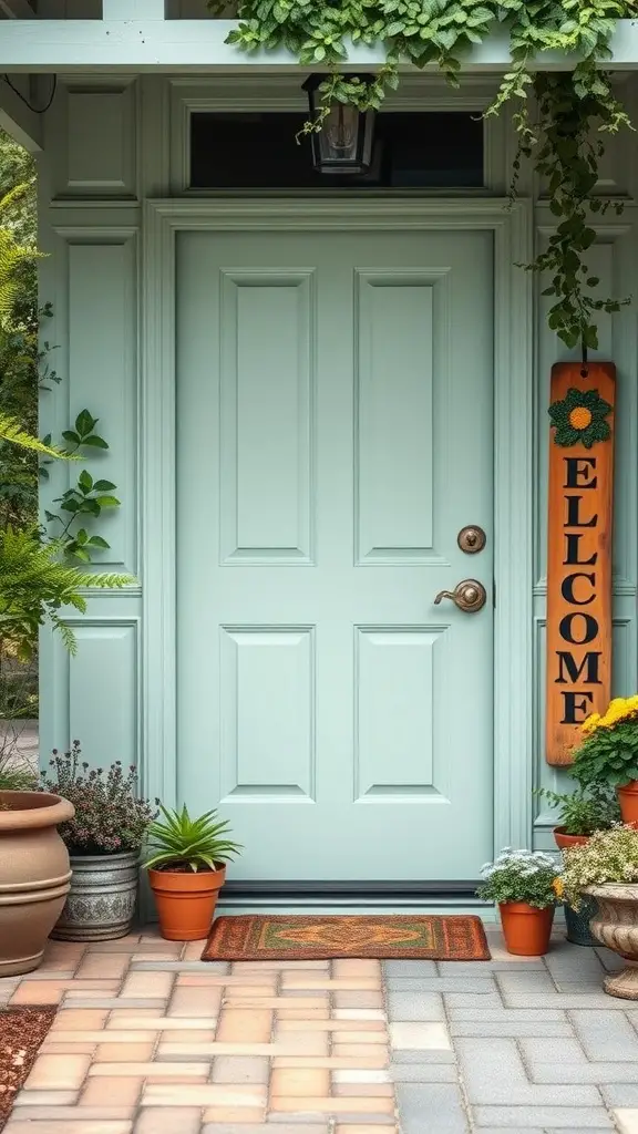 13 Stunning Front Door Color Ideas to Transform Your Home 8 A mint green front door with plants and a welcome sign.