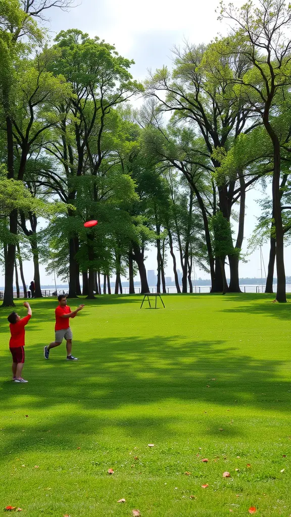 17 Fun Yard Games for Adults to Enjoy This Summer 4 Two players in red shirts playing frisbee golf in a green park with trees and a lake in the background.