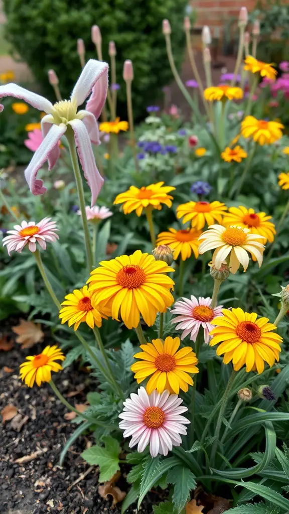 23 Stunning Fall Flower Garden Ideas to Transform Your Outdoor Space 13 A colorful flower garden featuring frost-resistant perennials with bright yellow daisies and soft pink flowers.