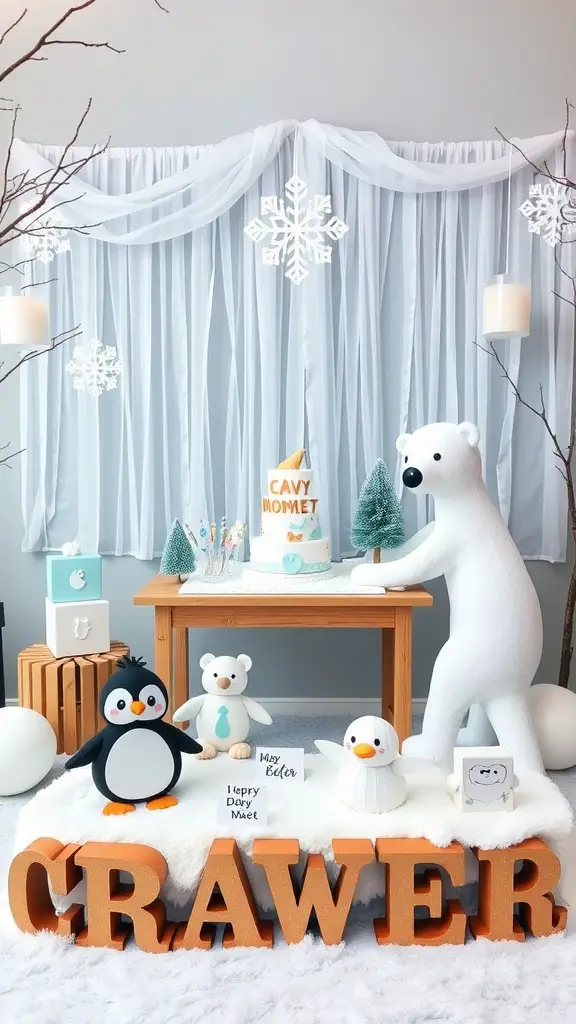 A festive winter-themed dessert featuring snowman and penguin shapes.