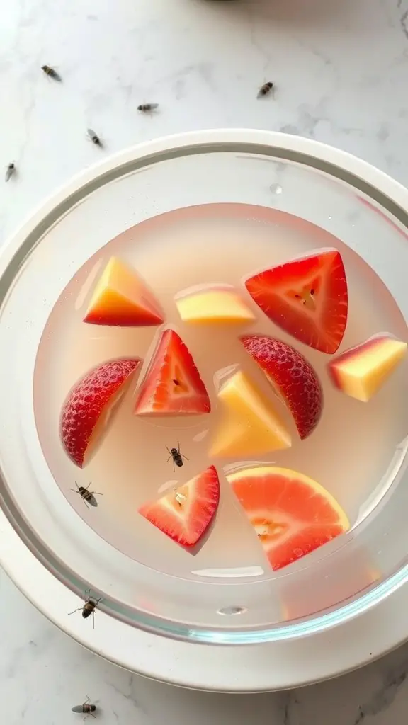 A bowl with fruit slices in liquid, surrounded by fruit flies.
