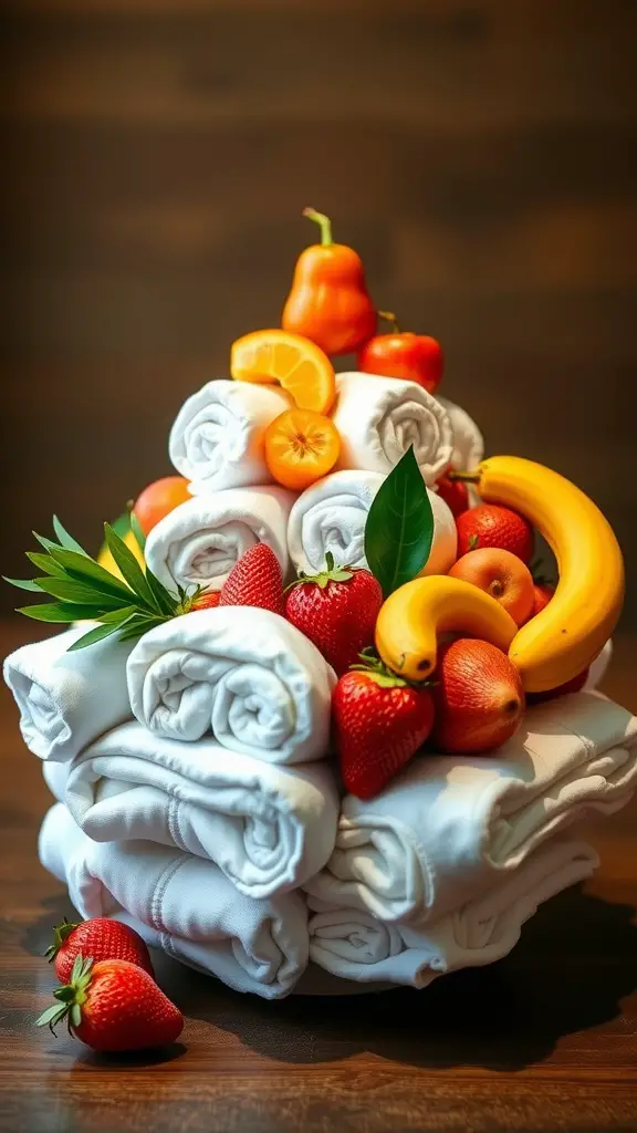 29 Adorable Baby Shower Centerpiece Ideas You’ll Love 16 A cheerful centerpiece featuring rolled diapers topped with fresh fruits like strawberries, bananas, and peppers, arranged creatively.