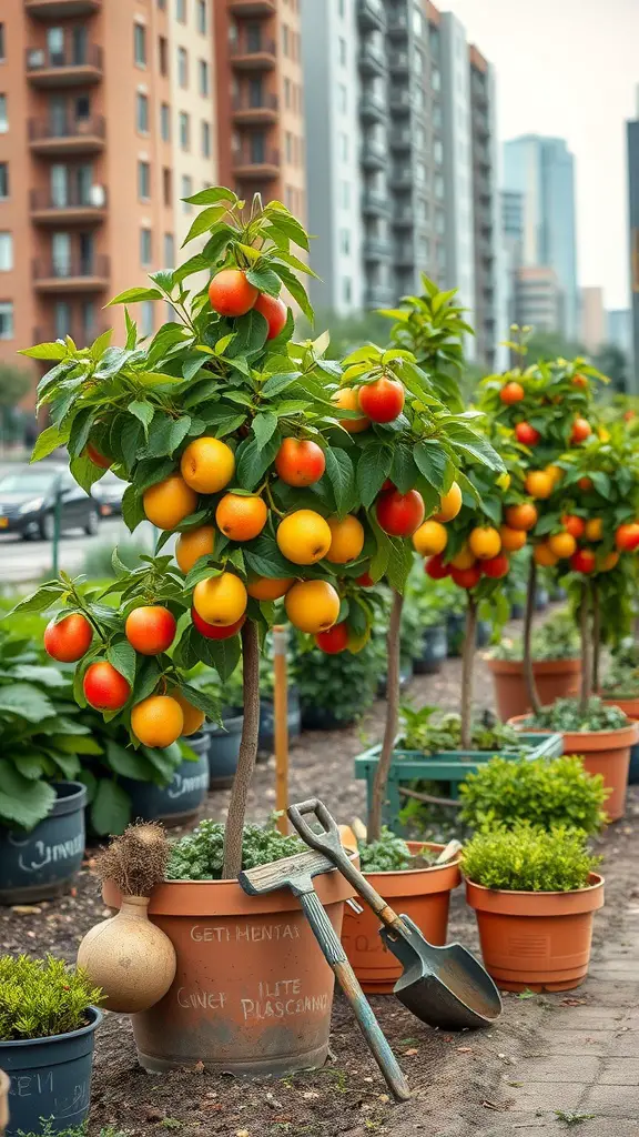 Potted fruit trees with ripe oranges and red fruits in an urban setting