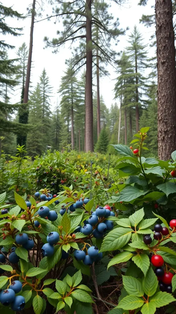 15 Inspiring Forest Garden Ideas for Your Outdoor Space 5 A lush forest scene with berry-laden shrubs in the foreground and tall trees in the background.