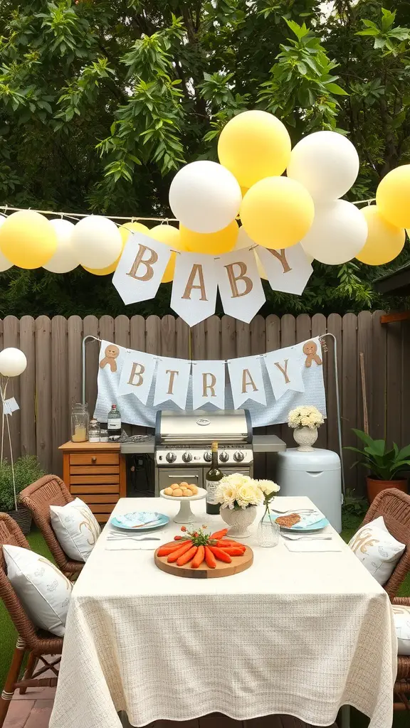 25 Creative Baby Q Shower Ideas to Celebrate Your Little One 7 A beautifully decorated BBQ-themed baby shower setup with balloons, a grill, and a table adorned with fresh vegetables and a floral centerpiece.