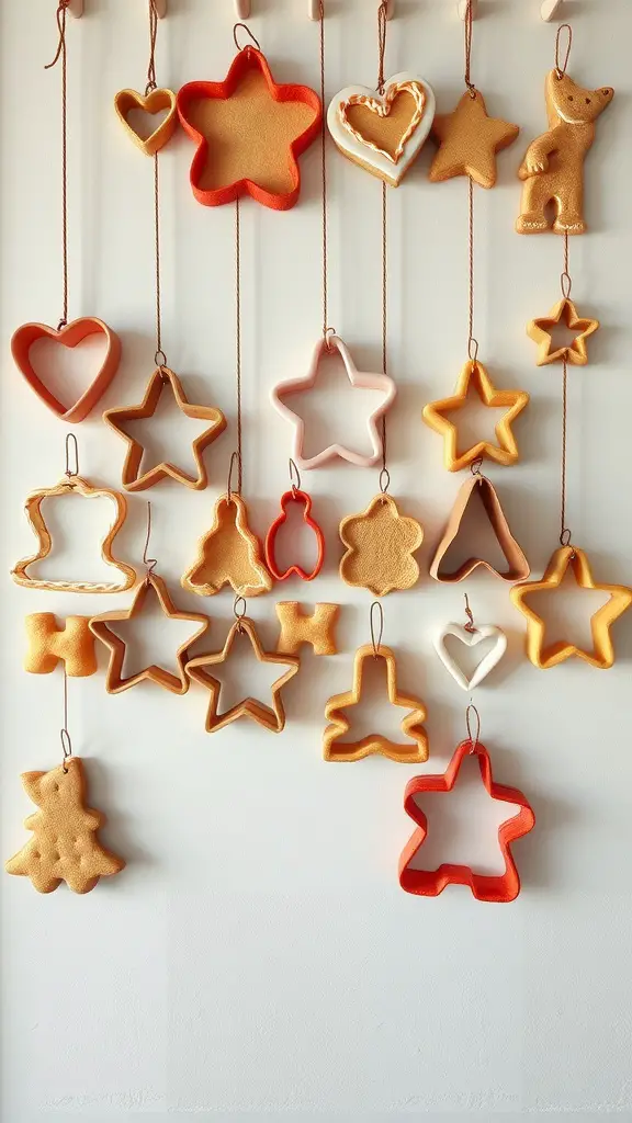 27 Whimsical Kitchen Ideas to Transform Your Cooking Space 13 A whimsical display of various cookie cutters hanging on strings, featuring stars, hearts, and festive shapes in vibrant colors.