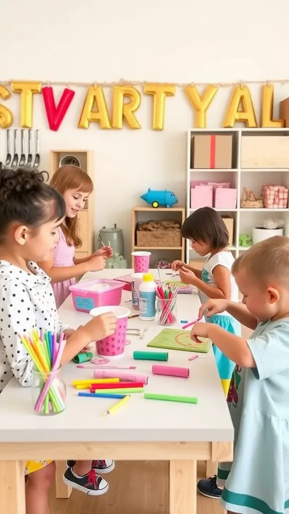 Kids engaged in crafting activities with Dollar Tree supplies in a fun and colorful environment.