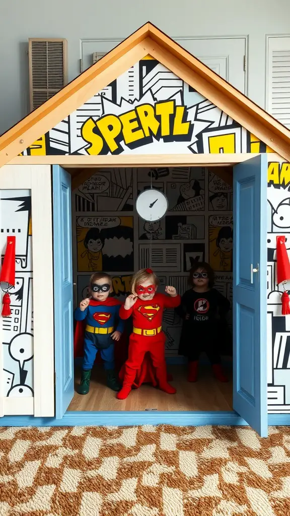 25 Adorable DIY Kids Playhouse Ideas for Endless Fun 13 Kids in superhero costumes in a colorful playhouse with comic-style design.