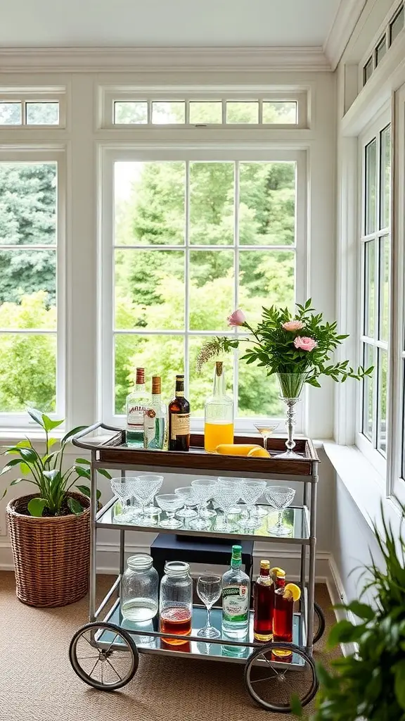 A stylish bar cart filled with drinks and glassware in a sunroom with large windows and plants.
