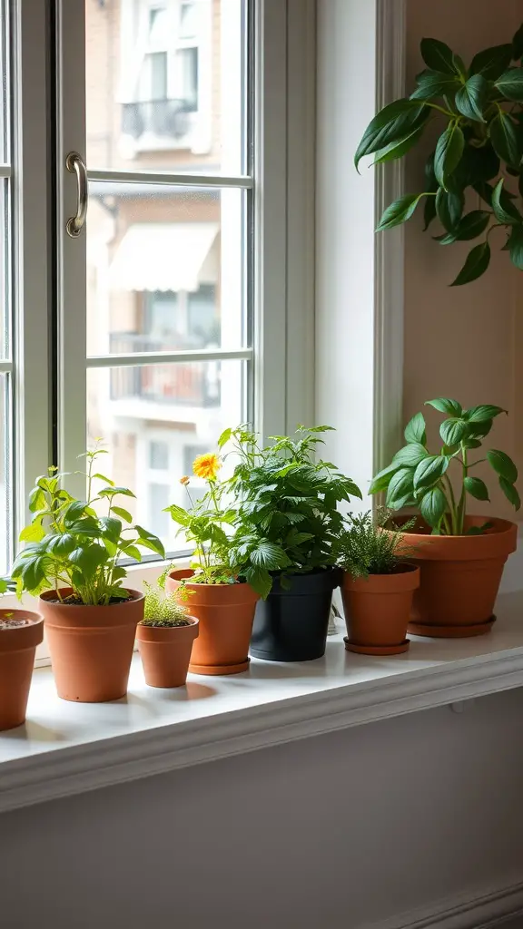 A bright farmhouse kitchen window sill lined with potted herbs and plants.