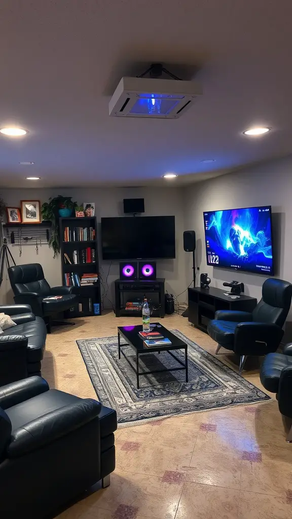 23 Stylish Garage Lounge Ideas You’ll Love 7 A stylish garage lounge area with leather seating, a large screen, and cozy decor.