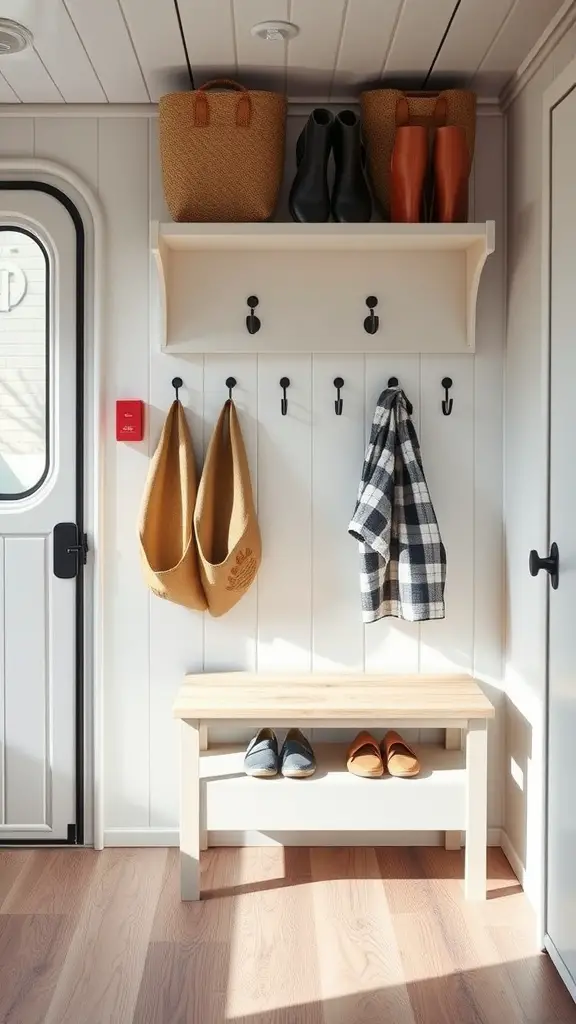 A small camper entryway with a bench, wall hooks, and storage baskets.