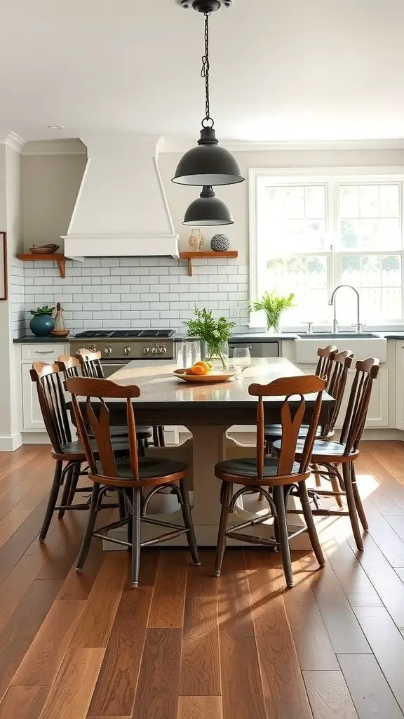 A spacious farmhouse table surrounded by wooden chairs in a bright kitchen.