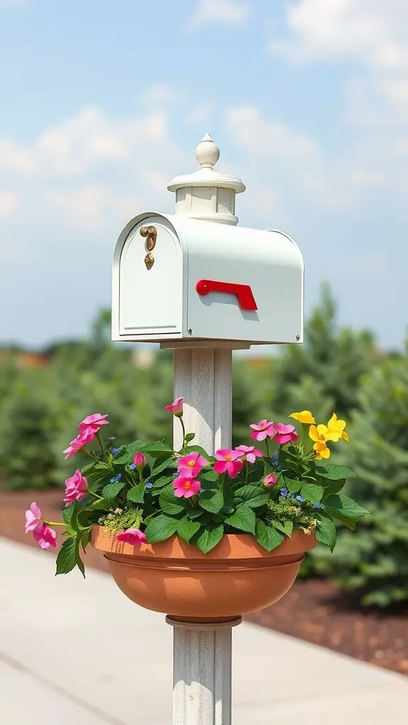 A white mailbox on a post with colorful flowers in a planter at its base