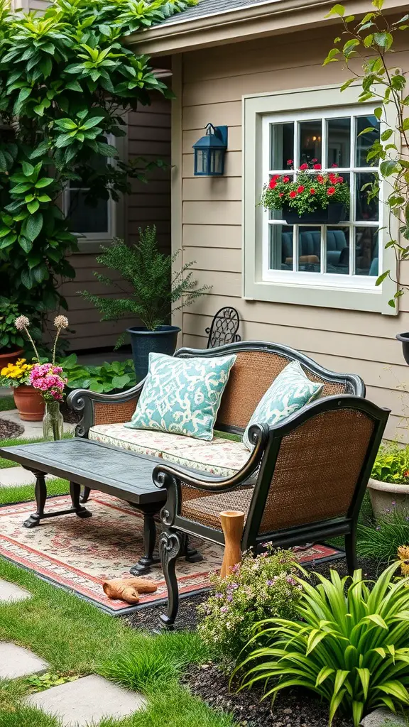 19 Stunning Small Front Yard Landscaping Ideas 11 Cozy outdoor seating area with loveseat, coffee table, and surrounding flowers.