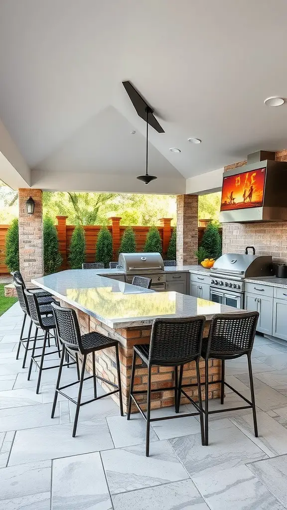19 Stunning Covered Outdoor Kitchen Design Ideas You’ll Love 10 A stylish outdoor kitchen with a large island, bar seating, grill, and television.