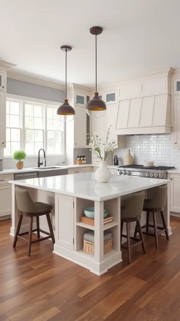 21 Stunning Luxury Kitchen Design Ideas for Your Dream Home 16 A stylish kitchen island with a white countertop, wooden stools, and elegant pendant lighting.