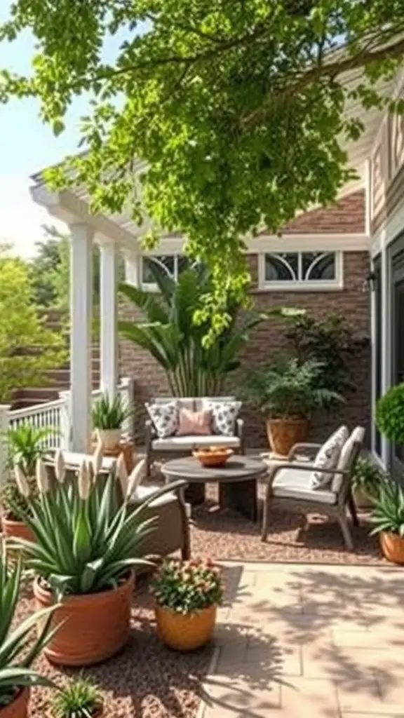 A cozy outdoor living space featuring comfortable seating, decorative plants, and a small table.