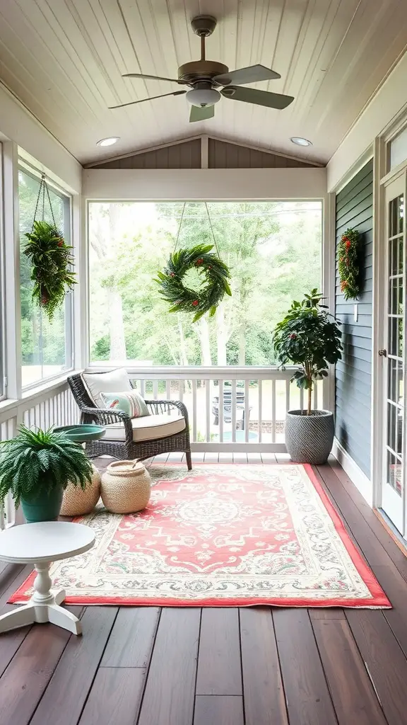 A cozy screened-in porch featuring a colorful outdoor rug, plants, and comfortable seating.