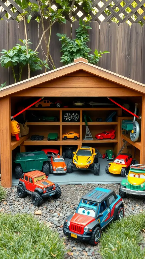 23 Creative Outdoor Toy Storage Ideas for a Clutter-Free Yard 15 Outdoor toy garage filled with toy cars and trucks, surrounded by greenery.