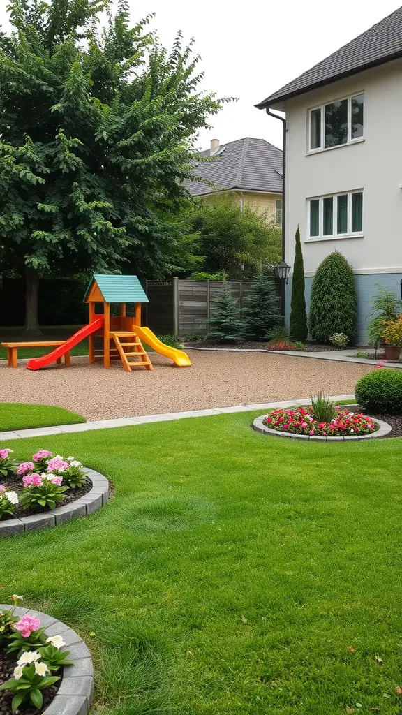 19 Stunning Landscaping Ideas for Your Home's Exterior 11 A backyard featuring a colorful playset and landscaped flower beds.