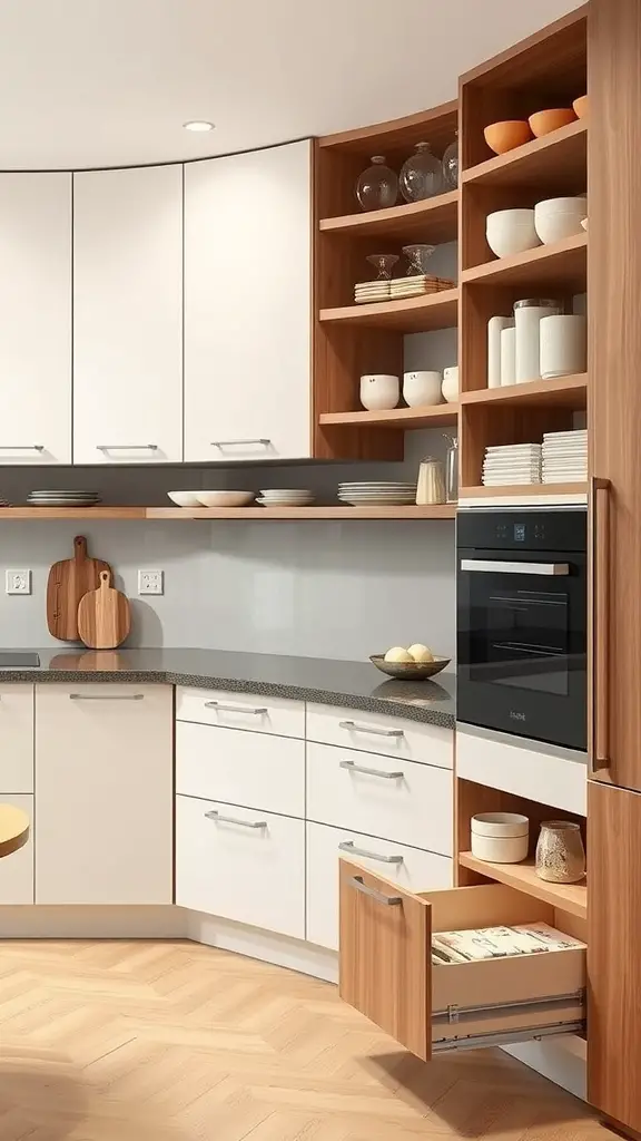 23 Stunning Modern Kitchen Ideas You Need to See 17 Modern kitchen with functional storage solutions including open shelves and curved cabinetry