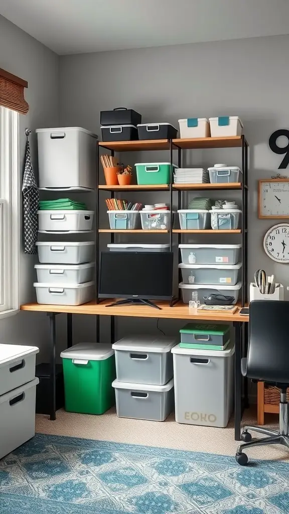 Organized storage area with various bins and a workspace