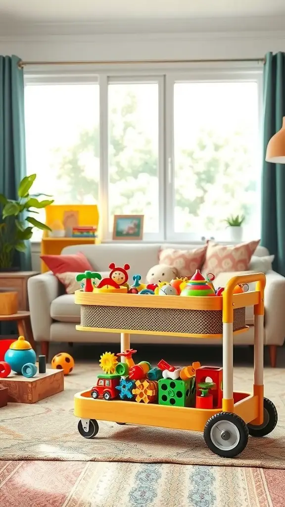 25 Creative Living Room Toy Storage Ideas for a Clutter-Free Space 8 A colorful toy cart filled with various toys in a bright living room setting