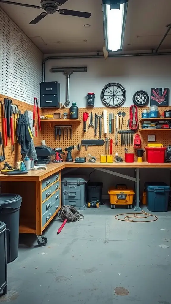 29 Creative Garage Interior Ideas You’ll Love 4 A functional workbench setup in a garage with tools organized on a pegboard.