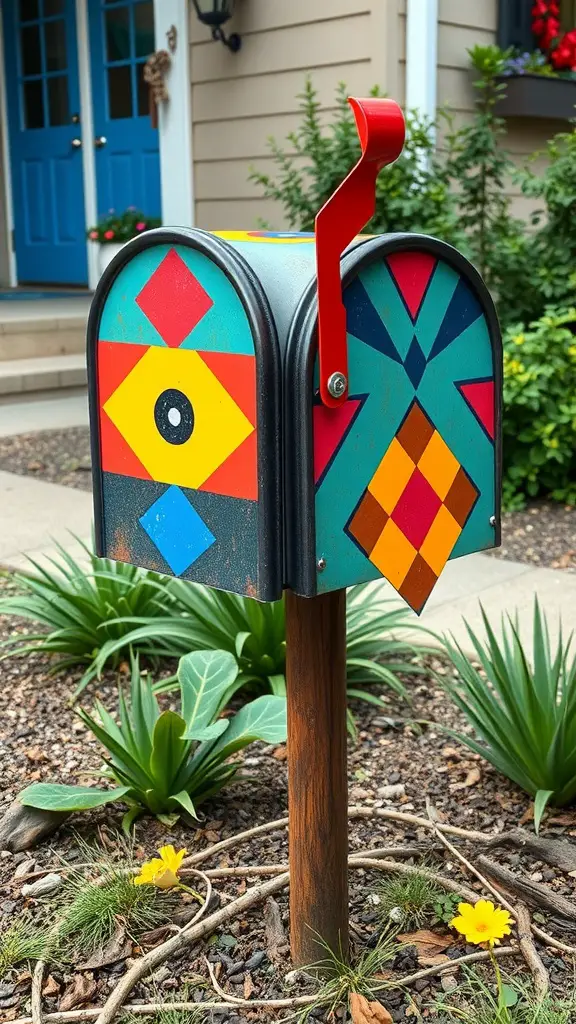 A brightly colored funky retro mailbox with geometric patterns and a red flag, surrounded by greenery