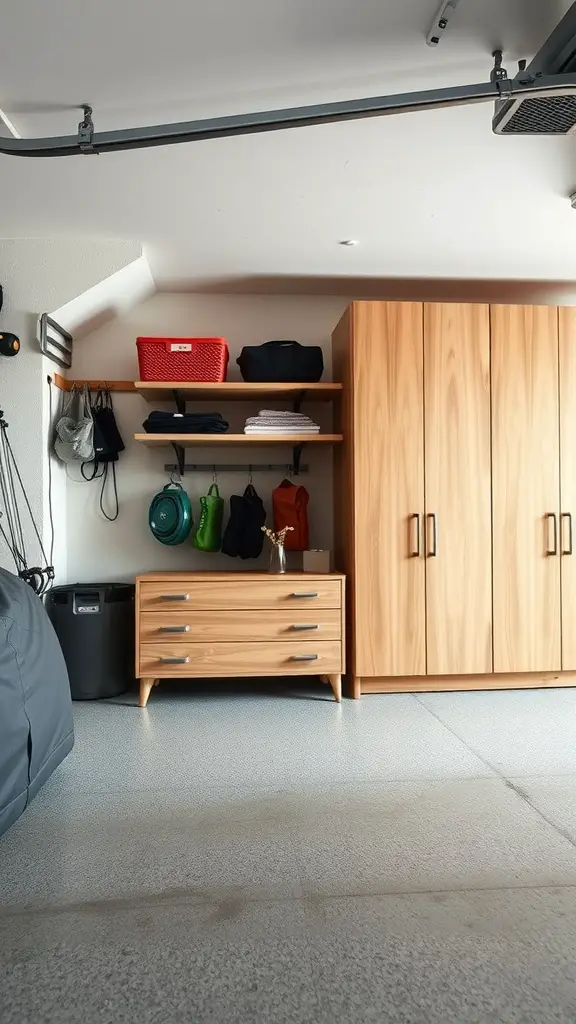 21 Creative Garage Storage Ideas You Need to Try 14 A stylish garage storage setup featuring wooden cabinets, drawers, and open shelving.