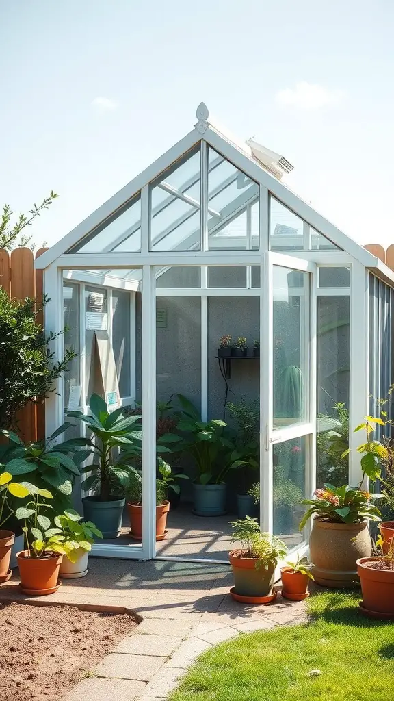 21 Creative Mini Greenhouse Ideas to Maximize Your Gardening Space 14 A gable roof mini greenhouse filled with various potted plants, capturing sunlight for optimal growth.