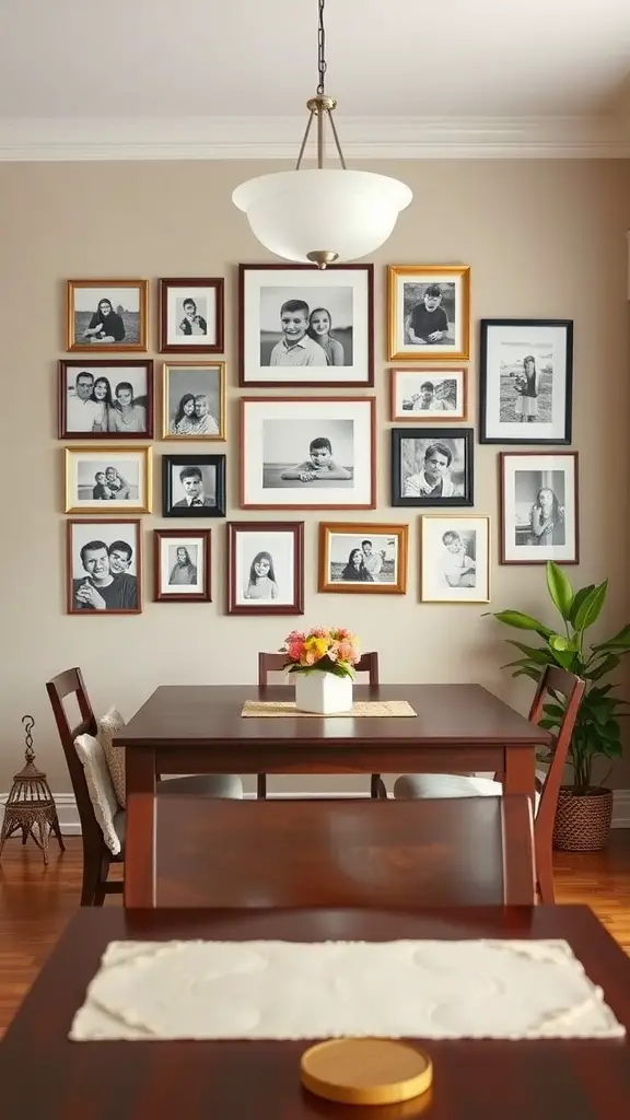 21 Stunning Dining Room Wall Decor Ideas to Transform Your Space 9 Gallery wall featuring family photos in various frames above a dining table.