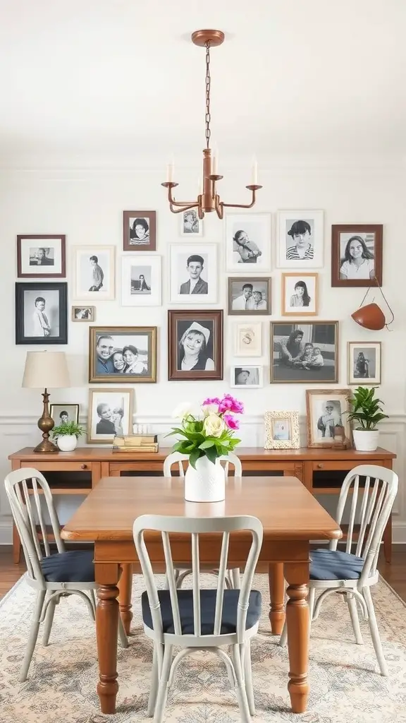 19 Stunning Modern Farmhouse Dining Room Ideas You’ll Love 6 Dining room with a gallery wall of framed black-and-white photos, a wooden table, and fresh flowers.