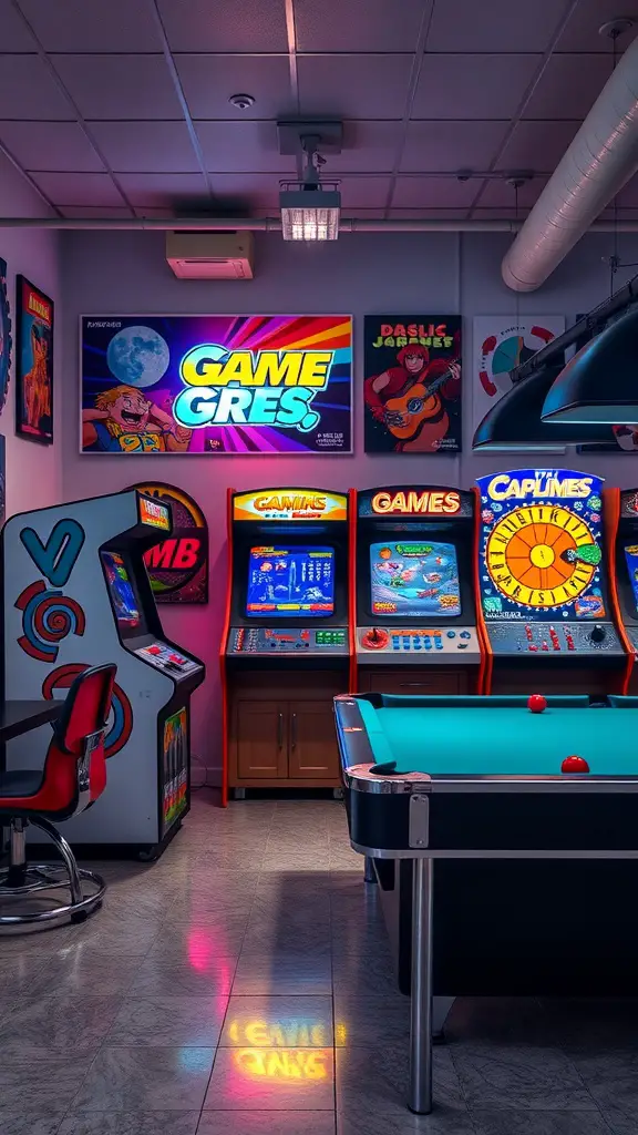 27 Creative Hangout Room Ideas for Your Space 5 A vibrant game room with retro arcade machines and a pool table.
