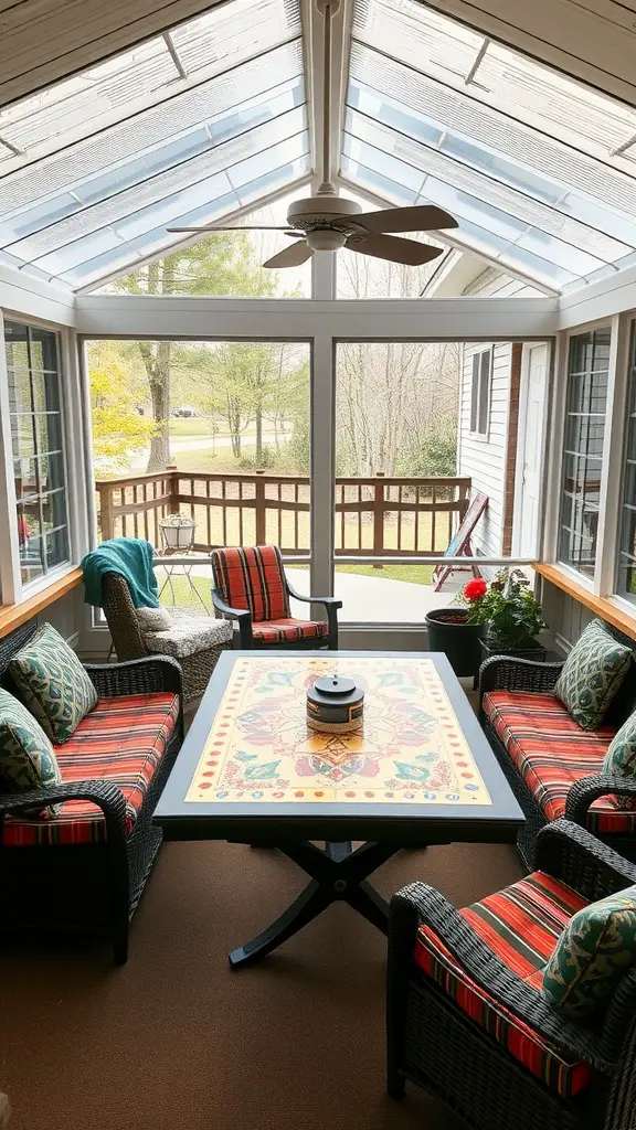 A cozy screened-in porch with comfortable seating and a colorful table, perfect for games and entertainment.