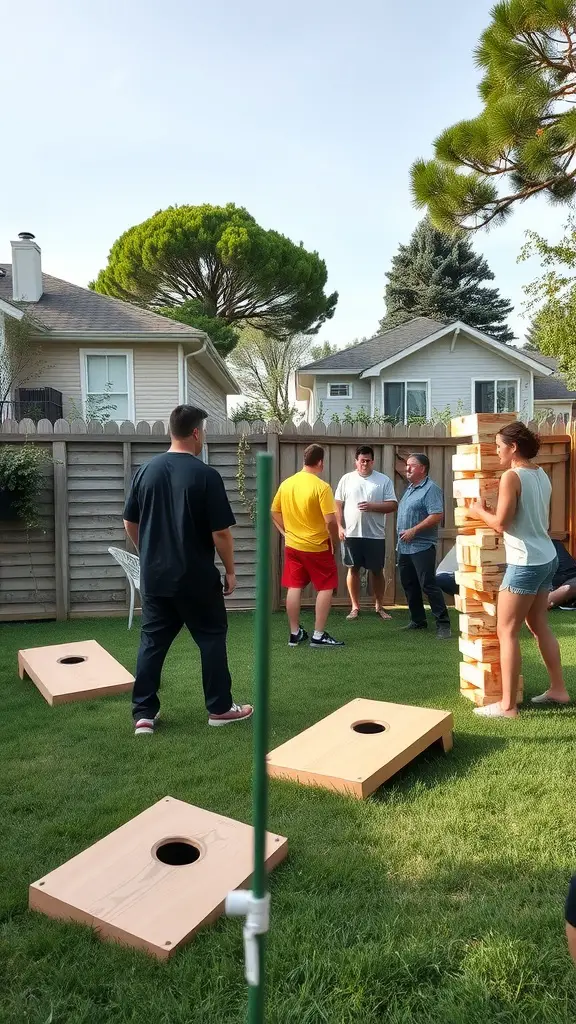A backyard games zone featuring friends playing Jenga and cornhole.