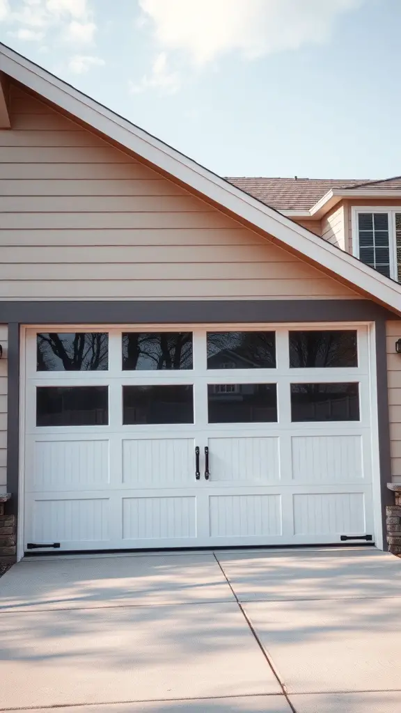 A white garage door with built-in windows and black handles.