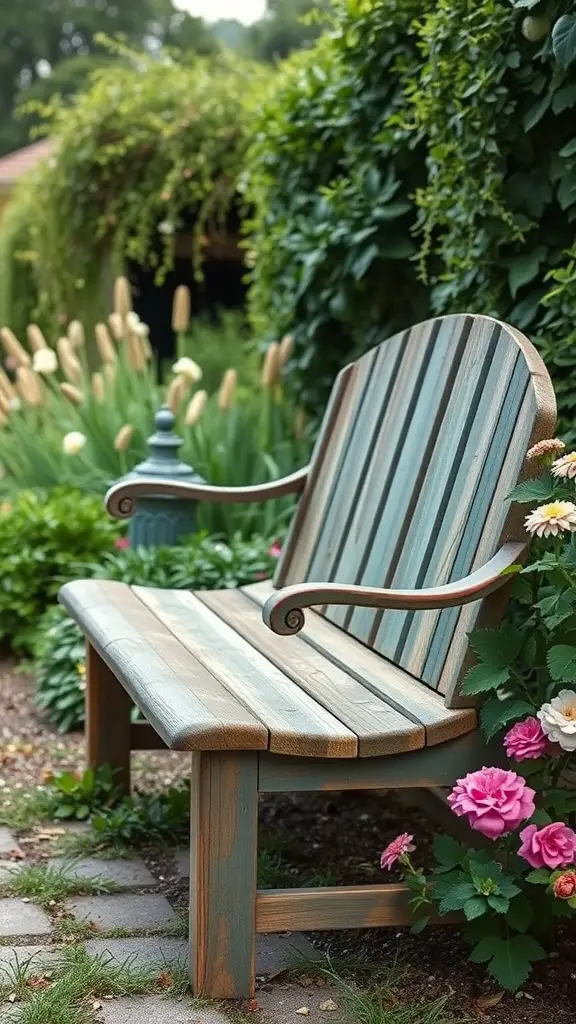 21 Creative Garden Ideas Using Used Boats 11 A rustic garden bench made from a boat seat, surrounded by colorful flowers