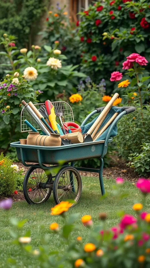 A green garden cart filled with various gardening tools, surrounded by colorful flowers.