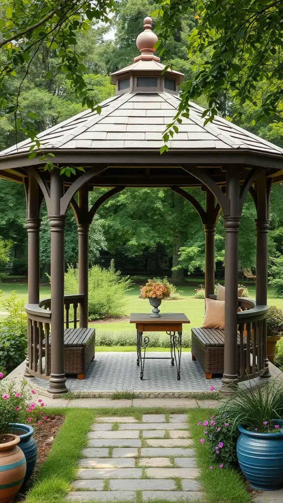13 Cozy Garden Reading Nook Ideas for Book Lovers 4 A cozy garden gazebo with benches and a small table surrounded by greenery and flowers.