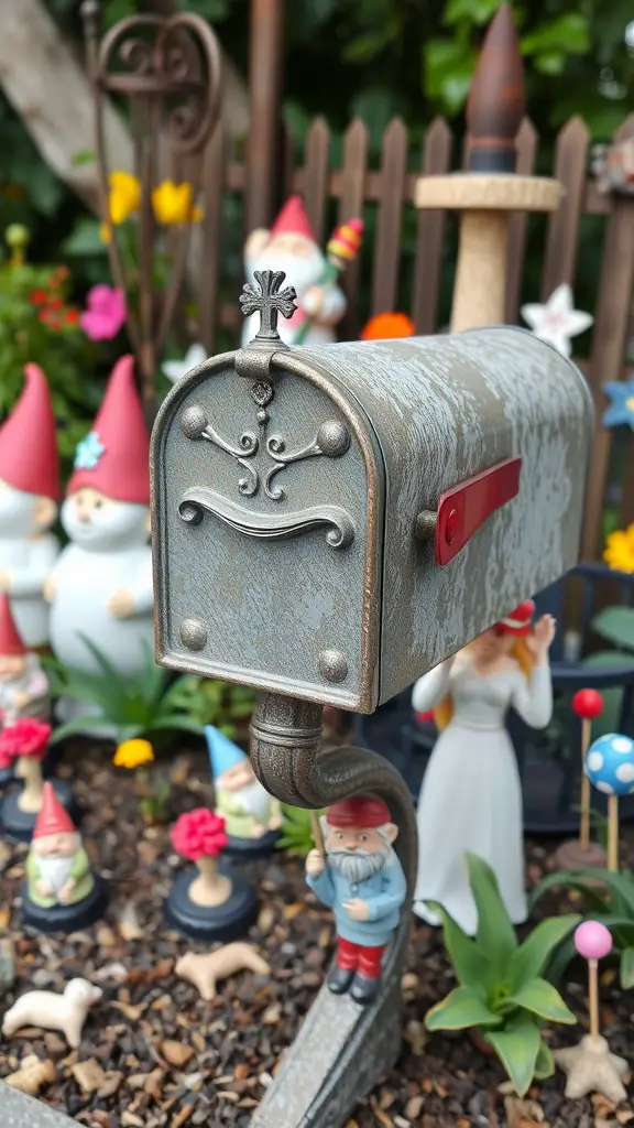 A whimsical garden gnome mailbox surrounded by colorful flowers and gnome figurines.