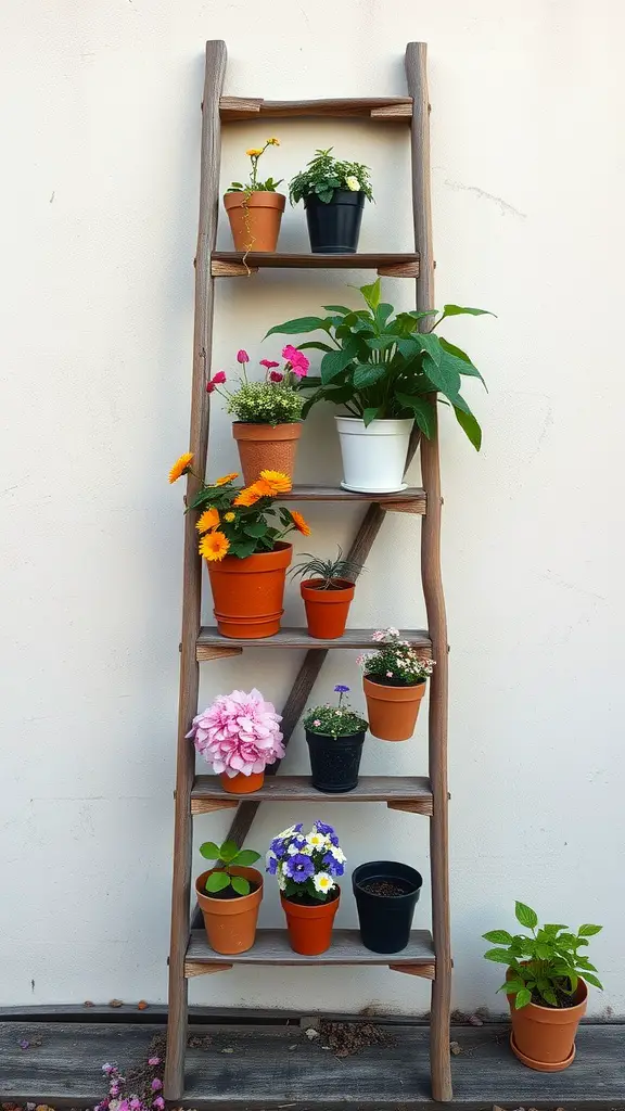 17 Creative Hanging Garden Ideas to Enhance Your Space 4 A wooden ladder displaying various colorful flower pots