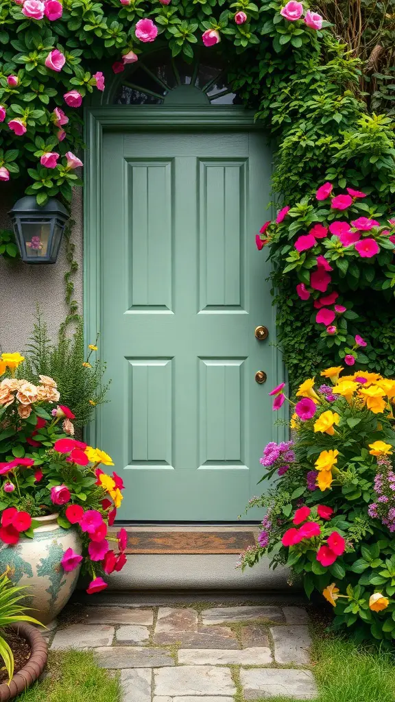 15 Stunning Sage Green Exterior Doors to Inspire Your Home Makeover 16 A sage green door surrounded by vibrant flowers, creating a charming garden entry.