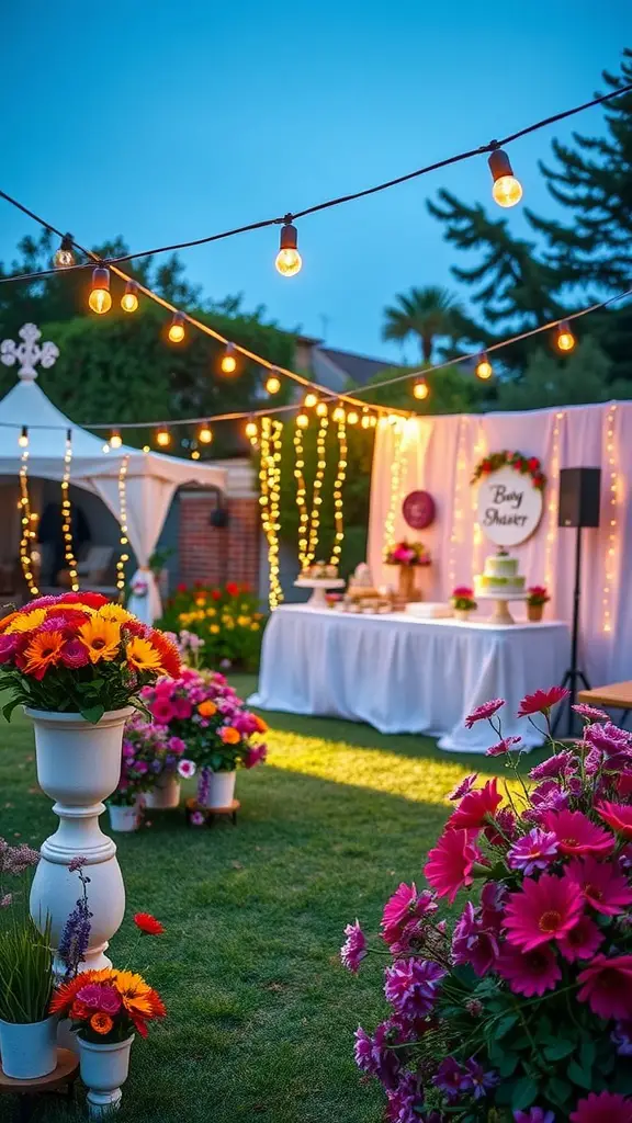 25 Creative Baby Shower Themes for September Celebrations 7 A beautifully decorated garden with flowers and string lights for a baby shower.